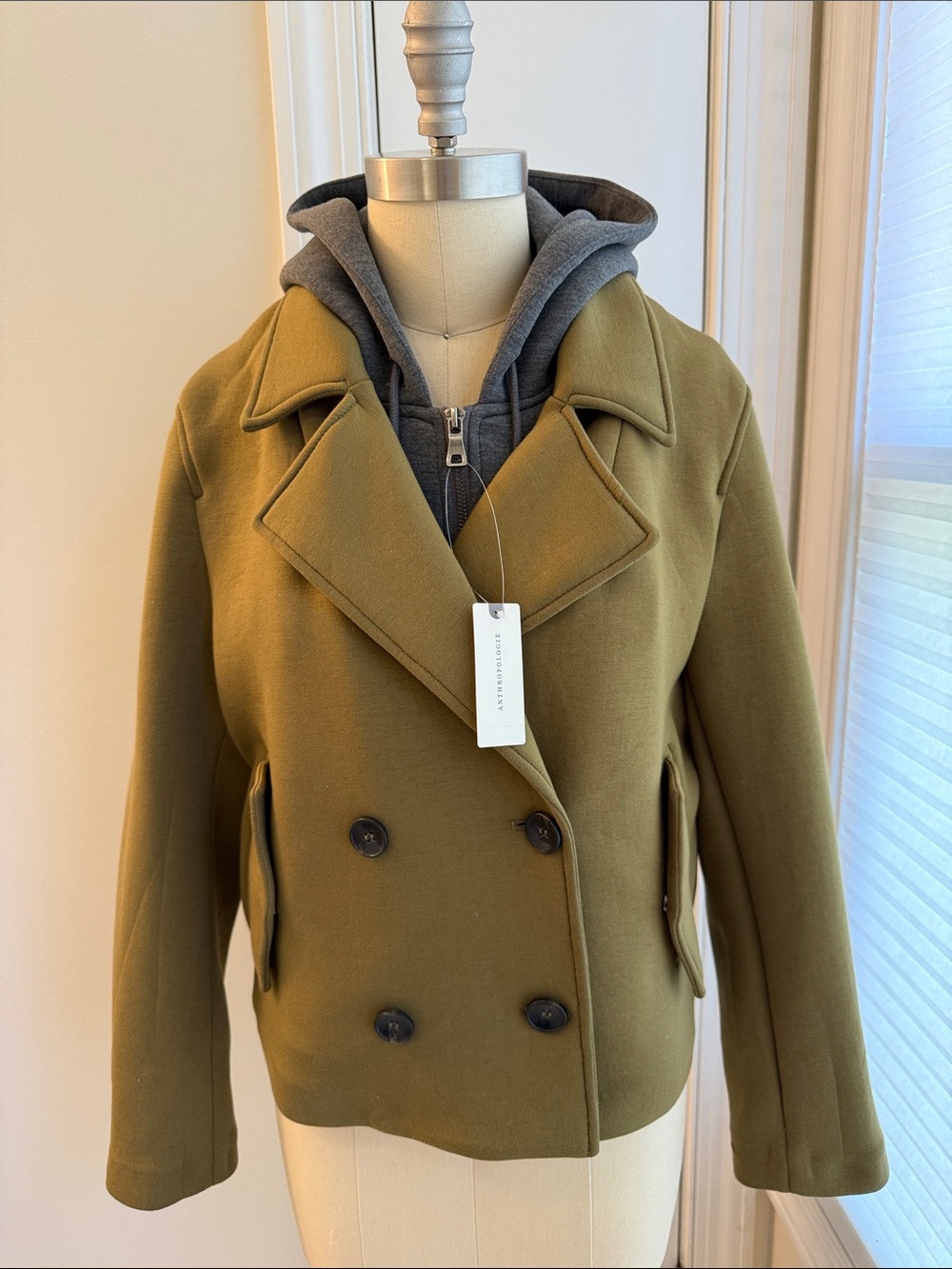 Anthropologie Maeve Lightweight Olive Green Double-Breasted Peacoat with Dicky